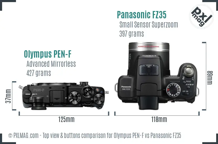 Olympus PEN-F vs Panasonic FZ35 top view buttons comparison