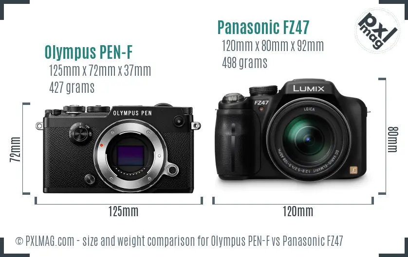 Olympus PEN-F vs Panasonic FZ47 size comparison