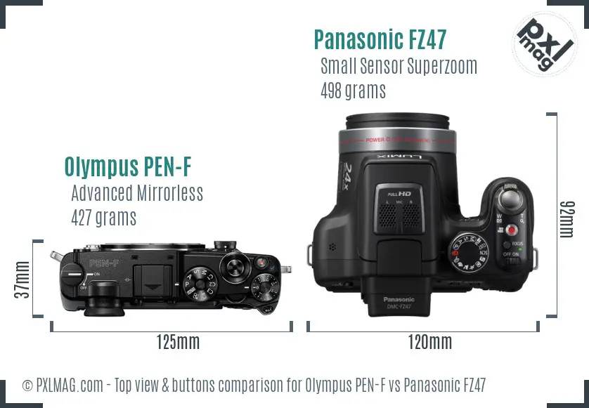 Olympus PEN-F vs Panasonic FZ47 top view buttons comparison