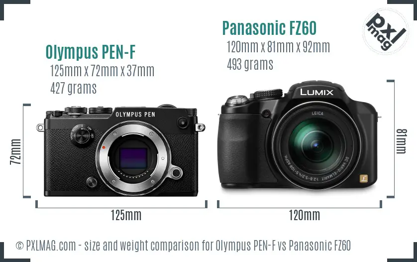 Olympus PEN-F vs Panasonic FZ60 size comparison