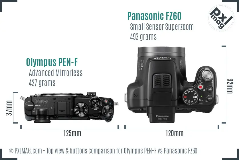 Olympus PEN-F vs Panasonic FZ60 top view buttons comparison