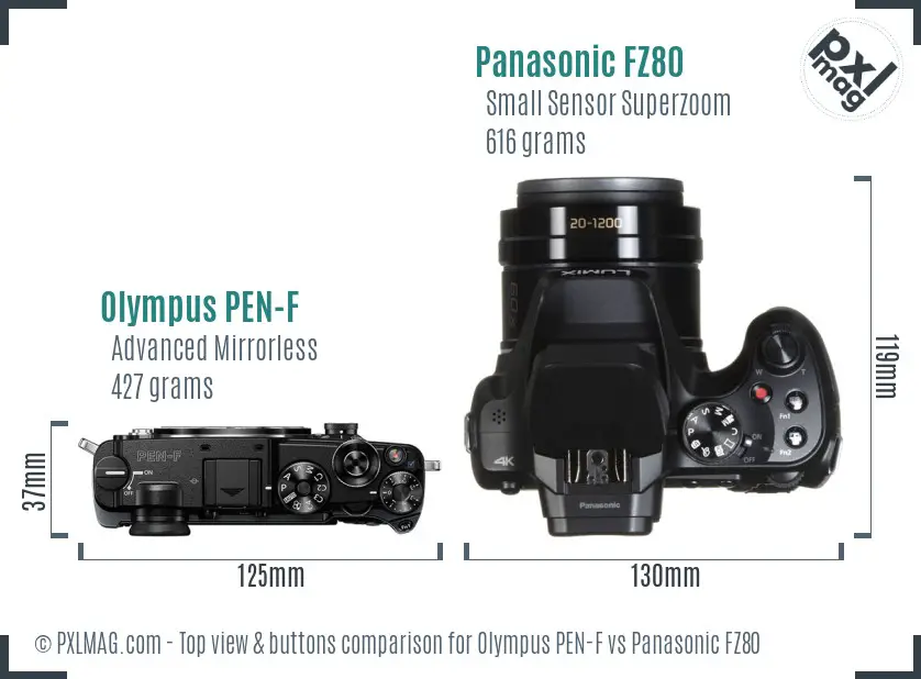 Olympus PEN-F vs Panasonic FZ80 top view buttons comparison
