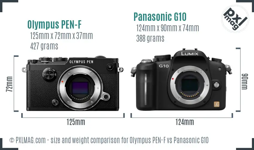 Olympus PEN-F vs Panasonic G10 size comparison