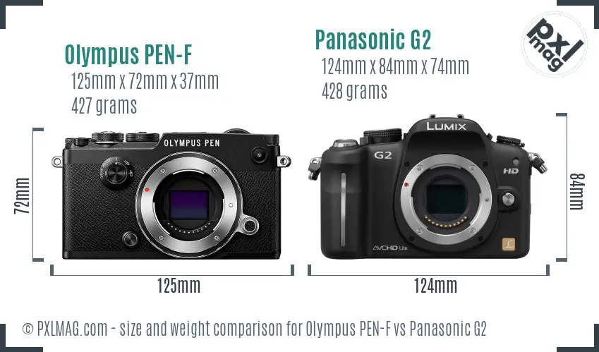 Olympus PEN-F vs Panasonic G2 size comparison
