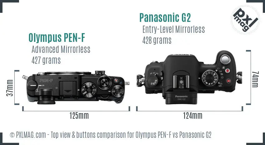 Olympus PEN-F vs Panasonic G2 top view buttons comparison