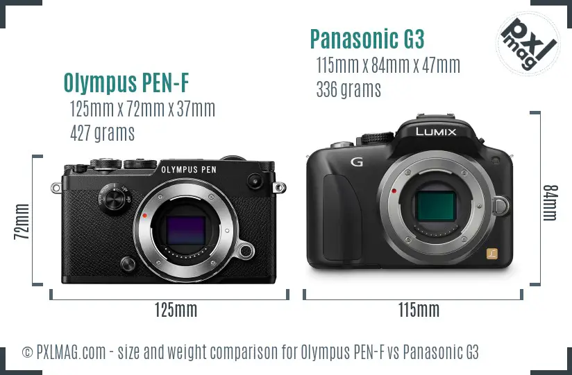 Olympus PEN-F vs Panasonic G3 size comparison