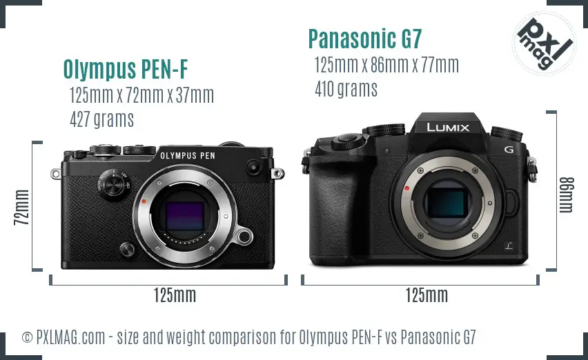 Olympus PEN-F vs Panasonic G7 size comparison