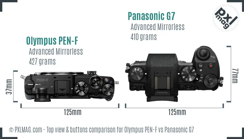 Olympus PEN-F vs Panasonic G7 top view buttons comparison