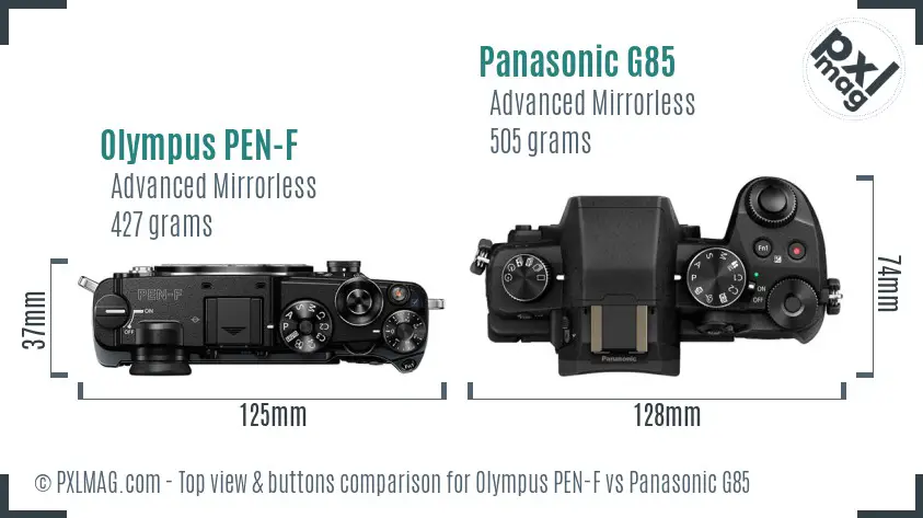 Olympus PEN-F vs Panasonic G85 top view buttons comparison