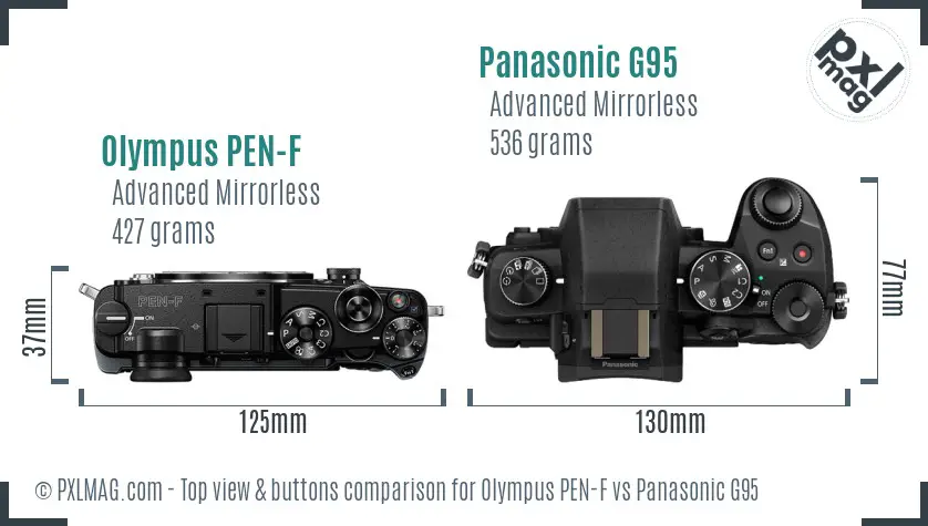 Olympus PEN-F vs Panasonic G95 top view buttons comparison