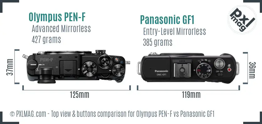 Olympus PEN-F vs Panasonic GF1 top view buttons comparison