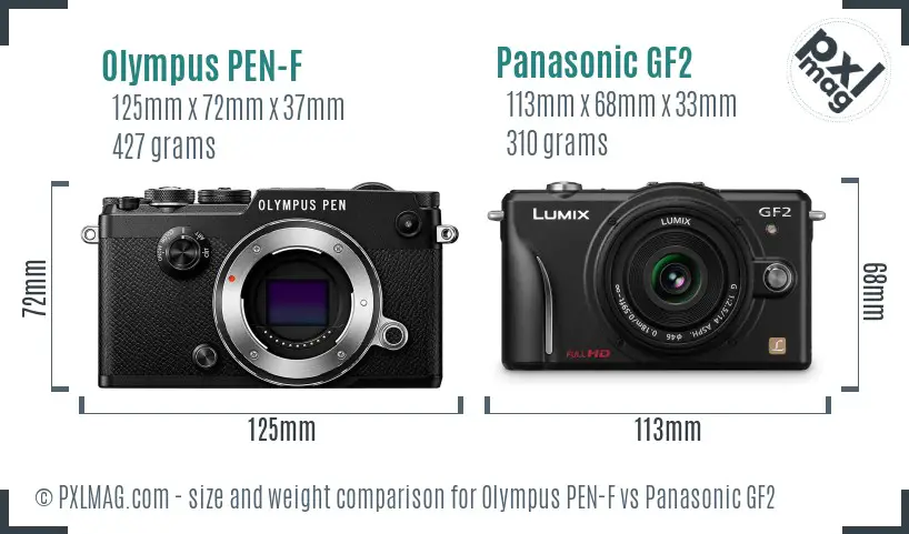 Olympus PEN-F vs Panasonic GF2 size comparison