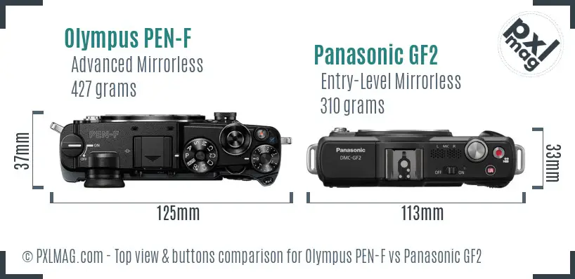 Olympus PEN-F vs Panasonic GF2 top view buttons comparison