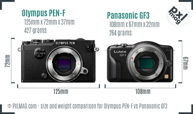 Olympus PEN-F vs Panasonic GF3 size comparison