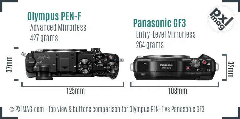 Olympus PEN-F vs Panasonic GF3 top view buttons comparison