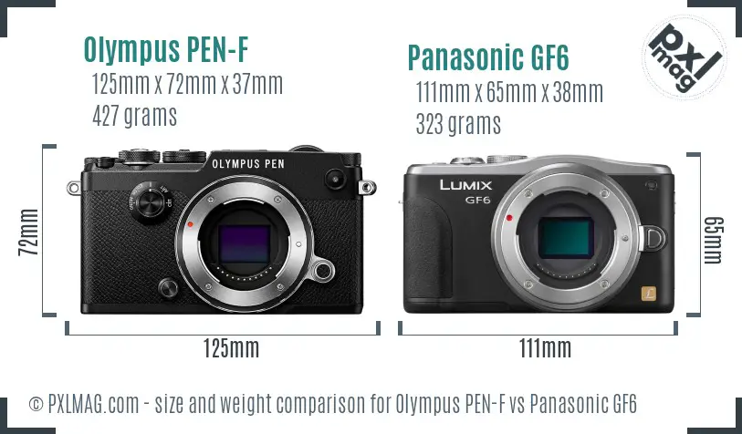 Olympus PEN-F vs Panasonic GF6 size comparison