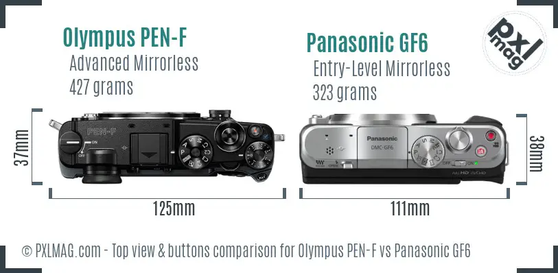 Olympus PEN-F vs Panasonic GF6 top view buttons comparison