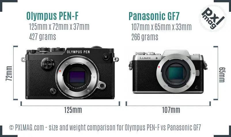 Olympus PEN-F vs Panasonic GF7 size comparison