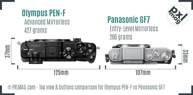 Olympus PEN-F vs Panasonic GF7 top view buttons comparison