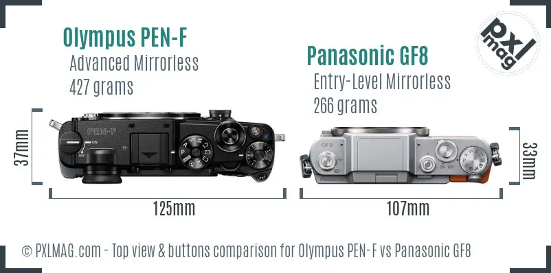 Olympus PEN-F vs Panasonic GF8 top view buttons comparison
