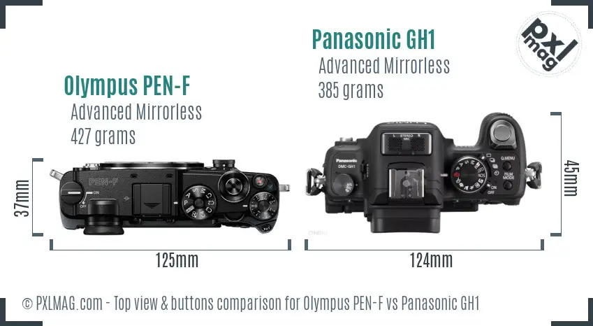 Olympus PEN-F vs Panasonic GH1 top view buttons comparison