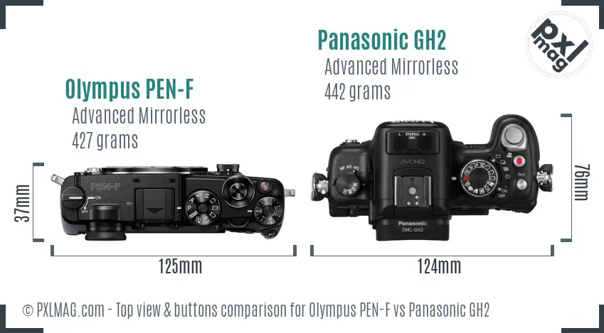 Olympus PEN-F vs Panasonic GH2 top view buttons comparison
