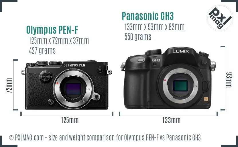 Olympus PEN-F vs Panasonic GH3 size comparison
