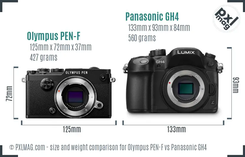 Olympus PEN-F vs Panasonic GH4 size comparison