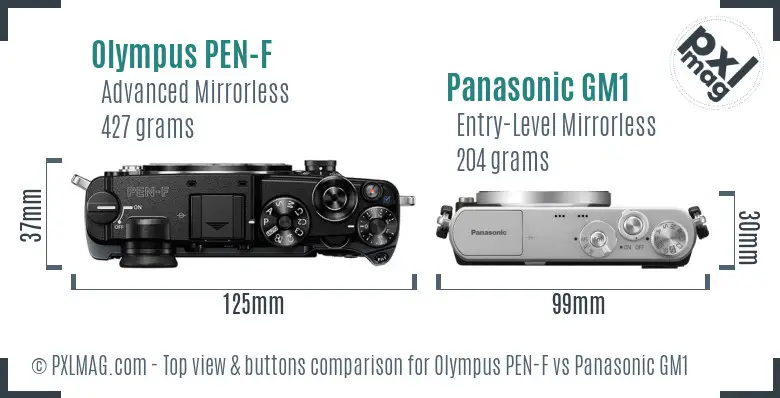 Olympus PEN-F vs Panasonic GM1 top view buttons comparison