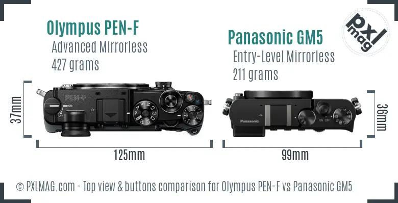 Olympus PEN-F vs Panasonic GM5 top view buttons comparison