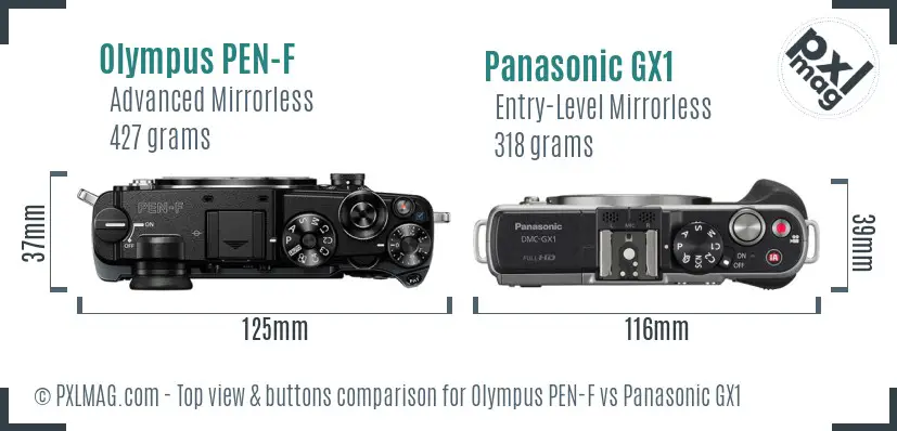 Olympus PEN-F vs Panasonic GX1 top view buttons comparison