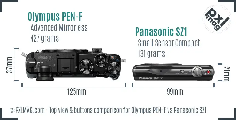 Olympus PEN-F vs Panasonic SZ1 top view buttons comparison