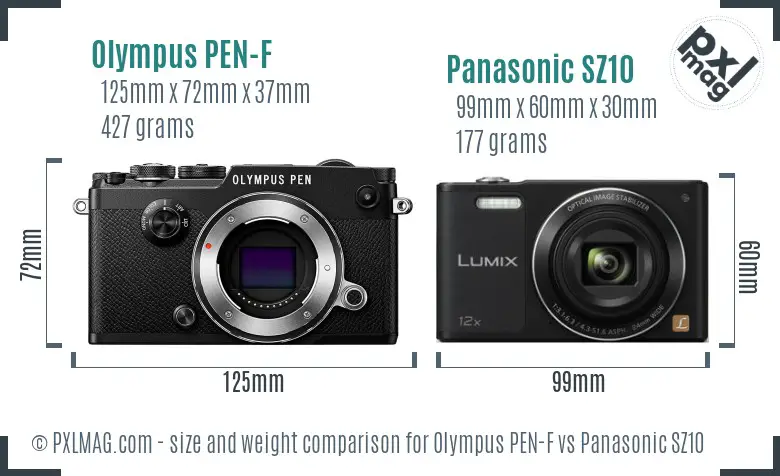 Olympus PEN-F vs Panasonic SZ10 size comparison