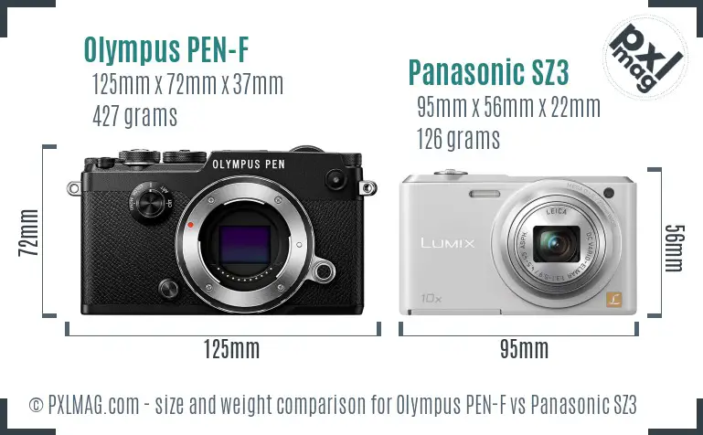 Olympus PEN-F vs Panasonic SZ3 size comparison