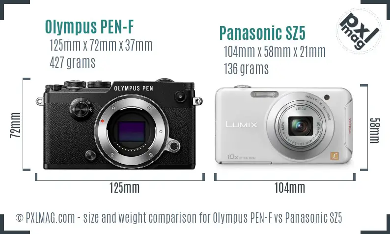 Olympus PEN-F vs Panasonic SZ5 size comparison