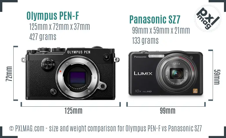 Olympus PEN-F vs Panasonic SZ7 size comparison