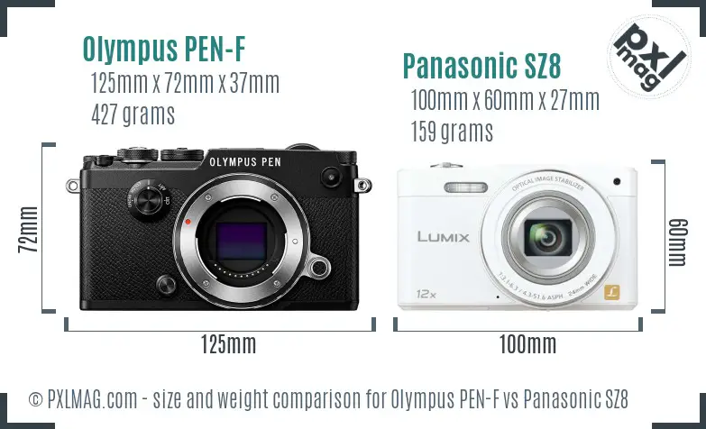 Olympus PEN-F vs Panasonic SZ8 size comparison