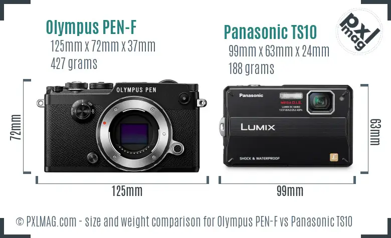 Olympus PEN-F vs Panasonic TS10 size comparison