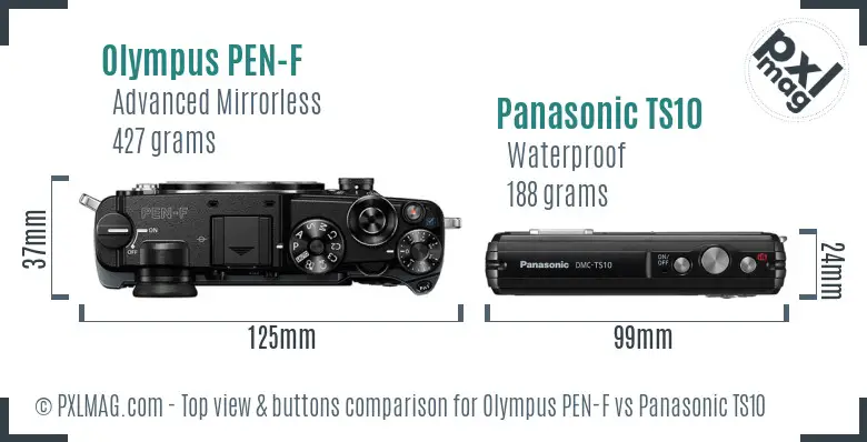 Olympus PEN-F vs Panasonic TS10 top view buttons comparison