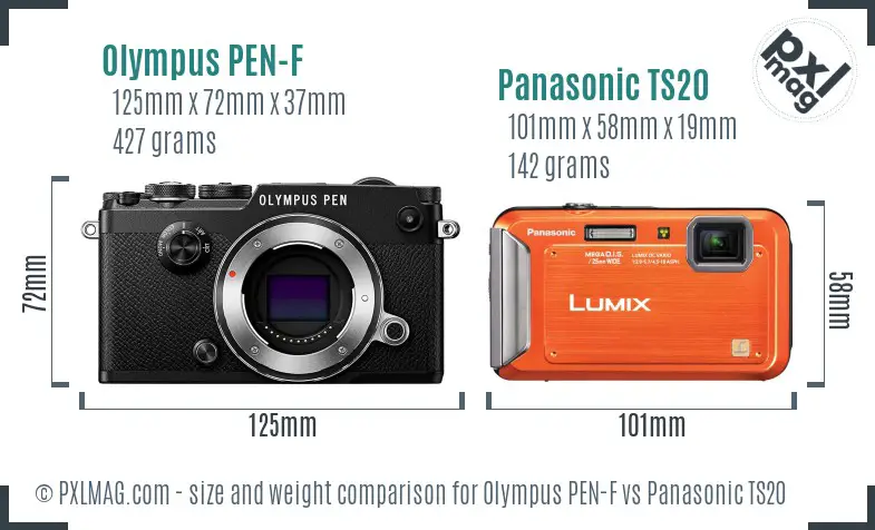 Olympus PEN-F vs Panasonic TS20 size comparison