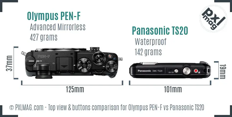 Olympus PEN-F vs Panasonic TS20 top view buttons comparison