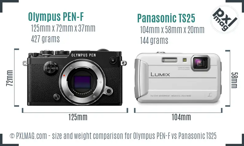 Olympus PEN-F vs Panasonic TS25 size comparison