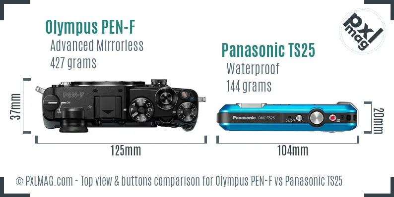 Olympus PEN-F vs Panasonic TS25 top view buttons comparison