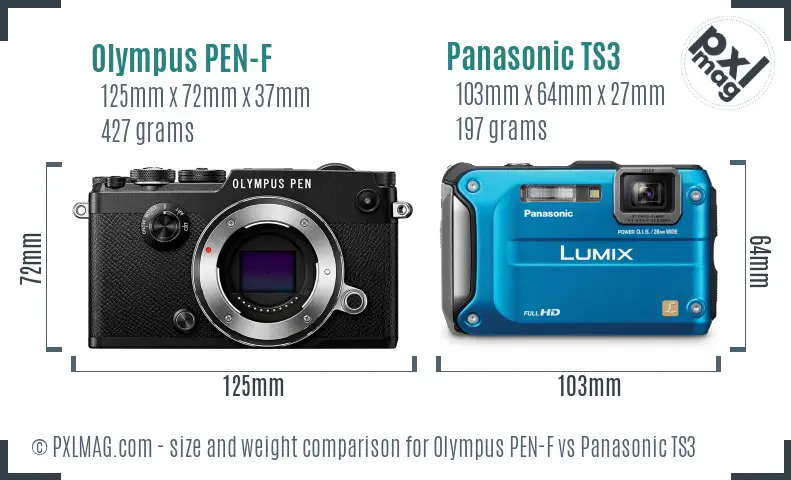Olympus PEN-F vs Panasonic TS3 size comparison