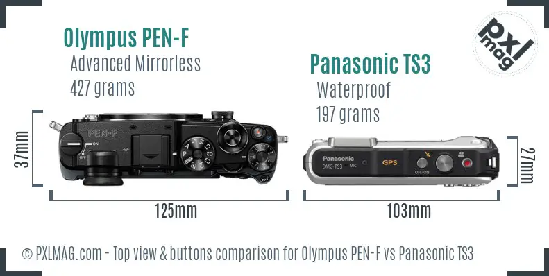 Olympus PEN-F vs Panasonic TS3 top view buttons comparison