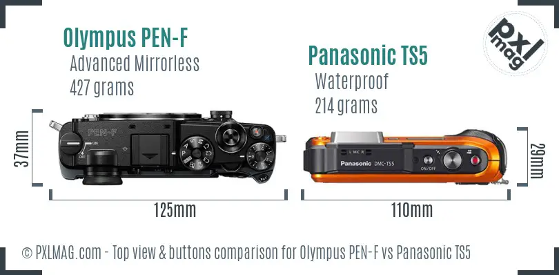 Olympus PEN-F vs Panasonic TS5 top view buttons comparison