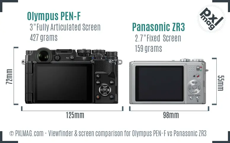 Olympus PEN-F vs Panasonic ZR3 Screen and Viewfinder comparison