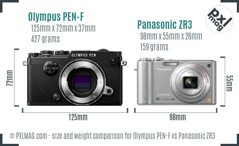 Olympus PEN-F vs Panasonic ZR3 size comparison