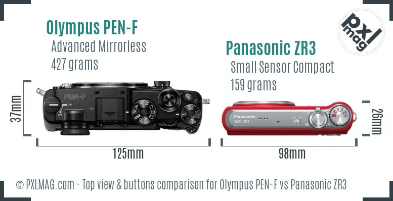 Olympus PEN-F vs Panasonic ZR3 top view buttons comparison