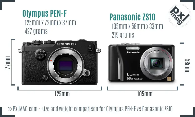 Olympus PEN-F vs Panasonic ZS10 size comparison